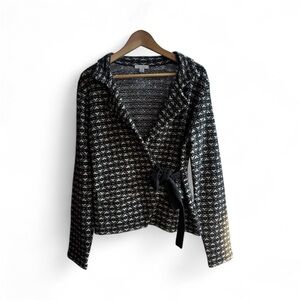 Garnet Hill Women’s Medium Wrap Sweater Gray White Lambswool Soft Cozy Cabincore